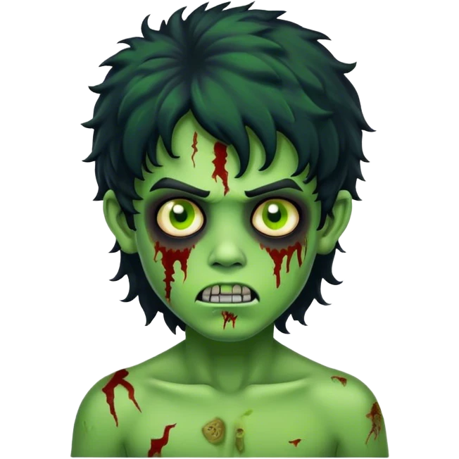 boy zombie with black curly hair mullet with green skin emoji