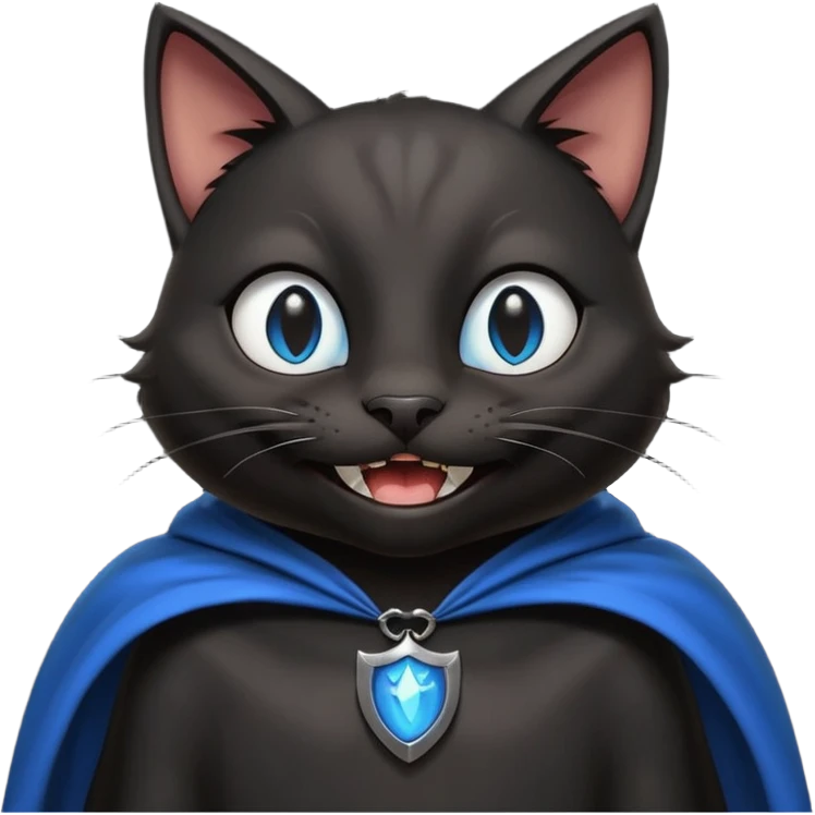 an all black anthropomorphic cat with blue eyes wears an all black cape and is smiling a mischievous sharp tooth grin emoji
