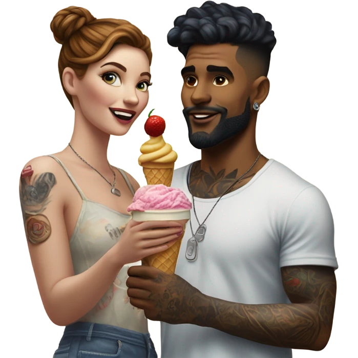 Hyper Realistic beautiful woman in the arms of a very handsome tattooed man sharing ice cream  emoji