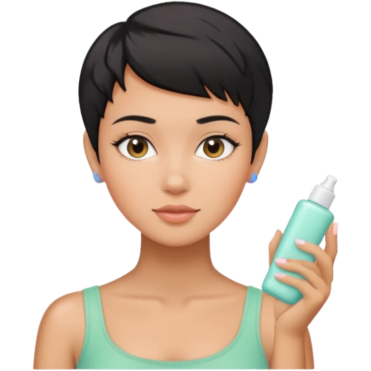 tan girl with black hair & a pixie cut no earrings doing cute pastel colors skin care emoji