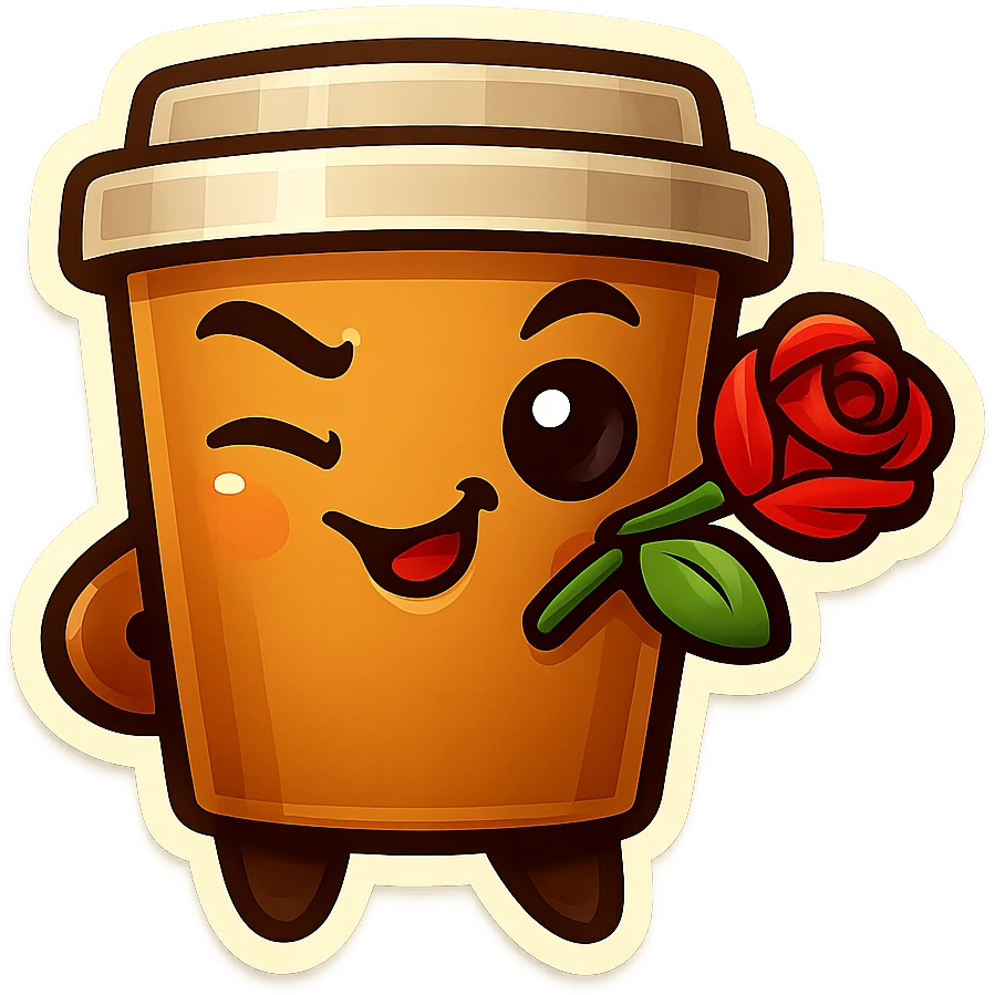Tall coffee cup, rose in mouth, wiggle eyebrow, smirk emoji