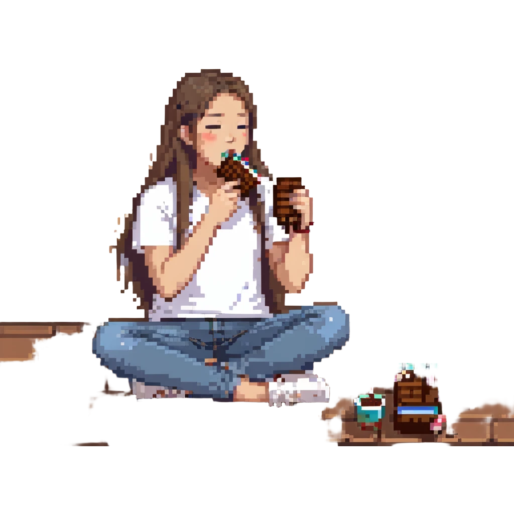 long haired Asian person eating chocolate, wearing white T-shirt and jeans emoji