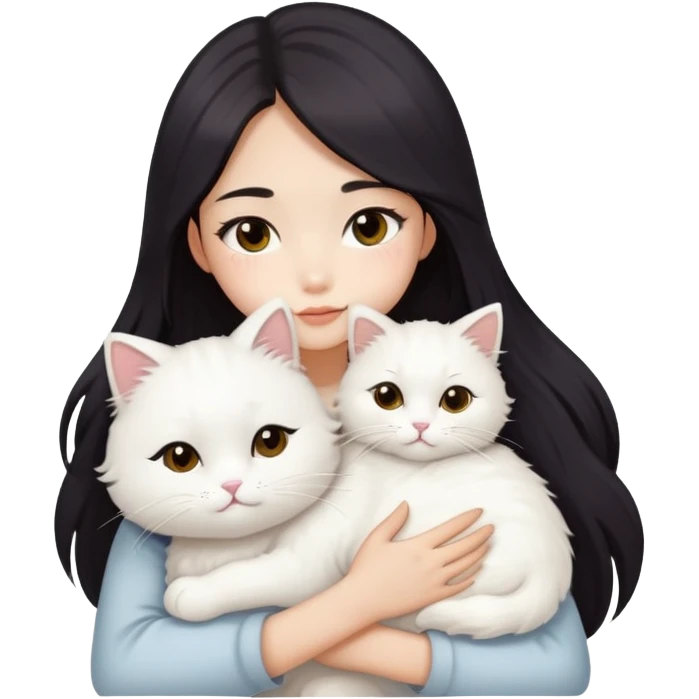 A fair skin tone Asian girl with dark eyes long dark hair with long eyelashes is hugging her white fluffy cat emoji
