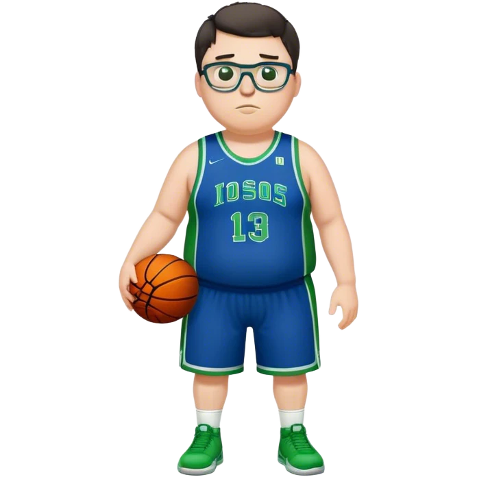 Full Body overweight white male with dark short hair basketball player wearing glasses wearing blue green uniform emoji