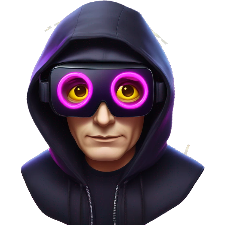 Vladimir Putin wearing a black hoodie with "OMG" letters on it and VR headset oculus quest 2 in a cyberpunk VR environment with violet neon lighting. emoji