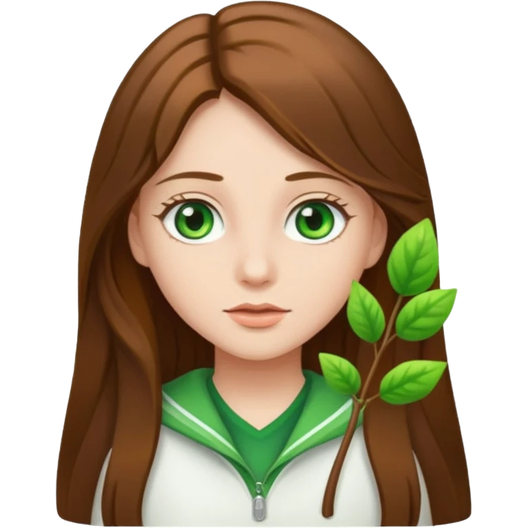 Girl with long brown hair and green eyes and a white ahirt emoji