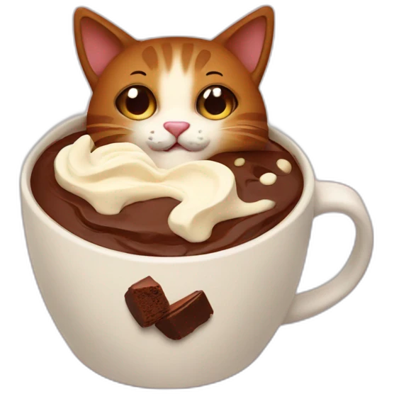 Brown cat as cream brownie dessert in a cup with sht emoji on the right emoji