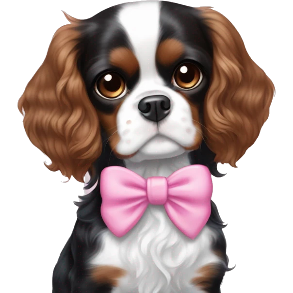 black and white cavalier king charles spaniel with a pink bow held by a white girl with brown curly hair with highlights, blue eyes emoji