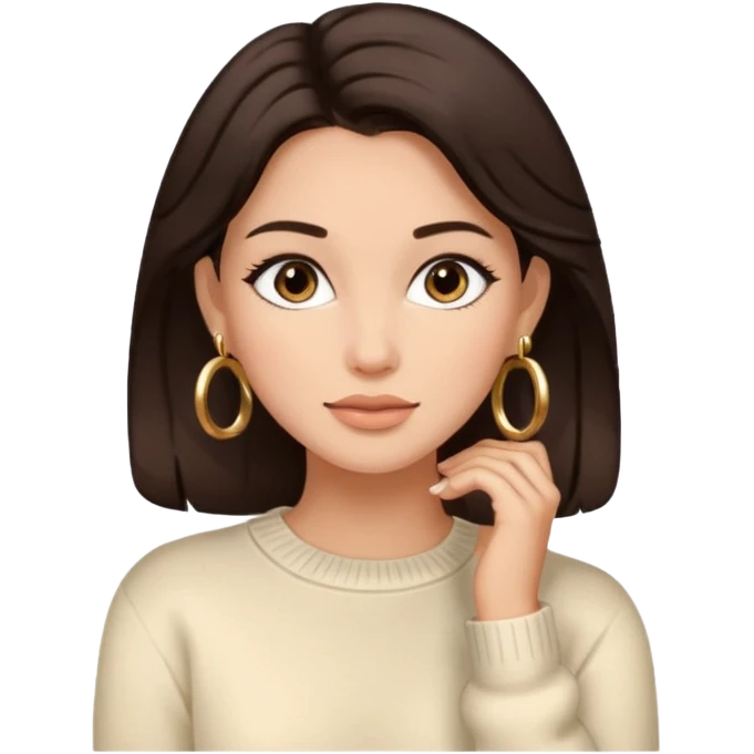 woman with dark brown hair, cozy sweater, hoop earrings, fashionable comfortable emoji