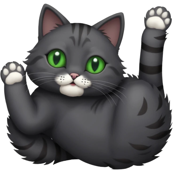 solid dark grey cat with green eyes, completely solid grey face, white toes/paws playing rolling upside down emoji