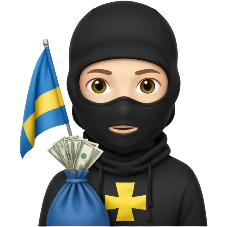 создай украинца в черное одежде и черной балаклаве с большим мешком денег на котором есть флаг страны в руках emoji