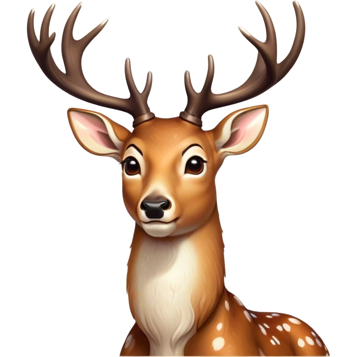 Cinematic Comical Deer Portrait Emoji, Head tilted dramatically with an exaggeratedly amused expression, featuring a sleek dappled coat and whimsically contorted antlers, wide, expressive eyes filled with playful disbelief, Simplified yet hilariously expressive features, highly detailed, glowing with a slightly sassy glow, high shine, dramatic yet playful, stylized with an air of cheeky woodland mischief, bright and endearing, soft glowing outline, capturing the essence of a spirited and over-the-top deer, so meme-worthy it feels like it could side-eye its way into forest folklore instantly! emoji