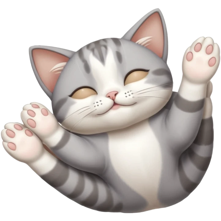 grey and white small cat eyes closed lying down upside down with paws stretched out straight in different directions emoji