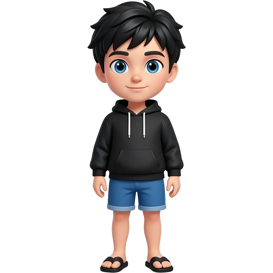 short puffy black hair, blue eyes, black hoodie blue shorts, black slides emoji