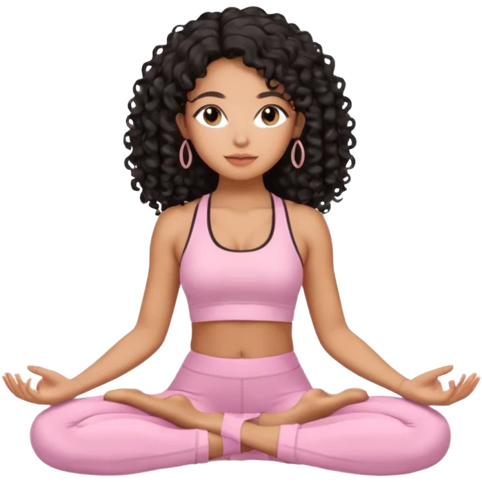 Mixed-race woman with bronzed caramel skin and long black curly hair, wearing pastel pink yoga set, sitting cross-legged in meditation, soft pastel background emoji