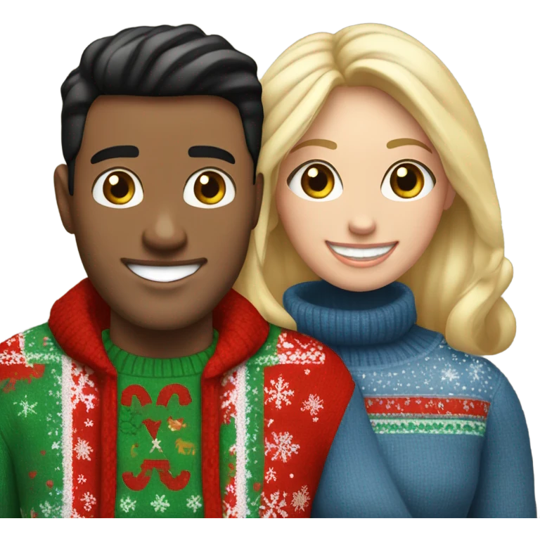 Happy white couple wearing Christmas jumper and blue jeans, man black hair woman blonde long emoji