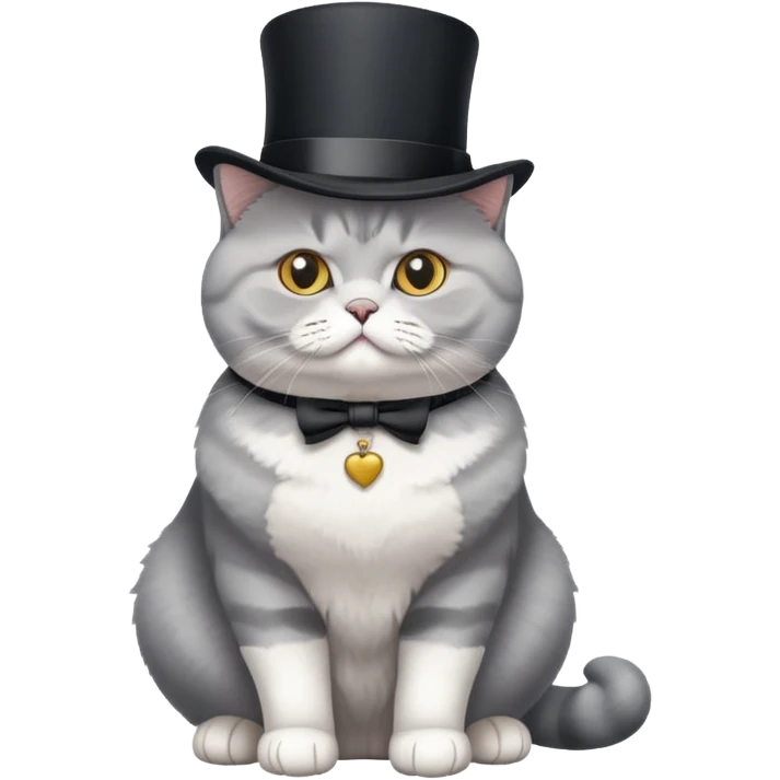 British Shorthair cat full body sitting with a top hat emoji
