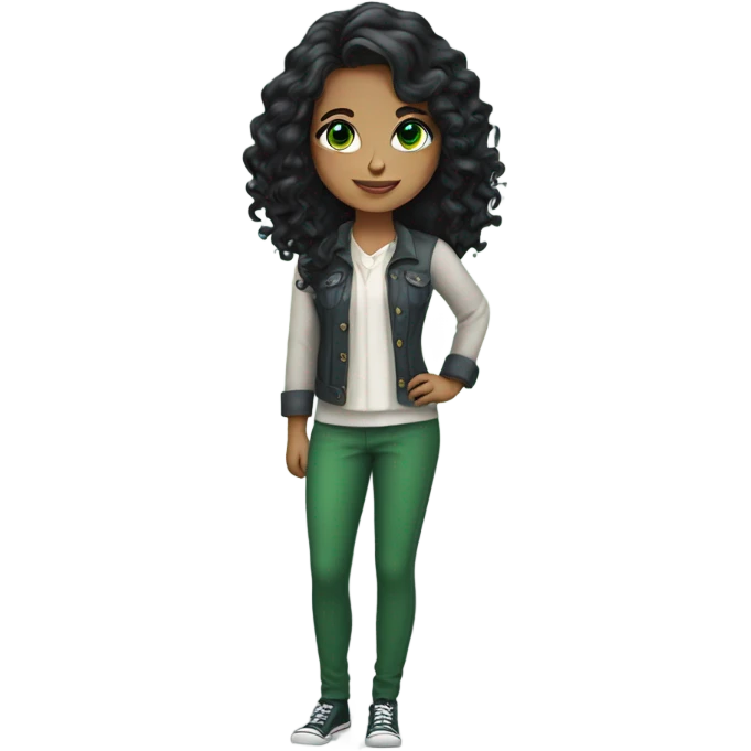 Beautiful girl,Black hair,wavy hair，long hair, green eyes, nice clothes emoji
