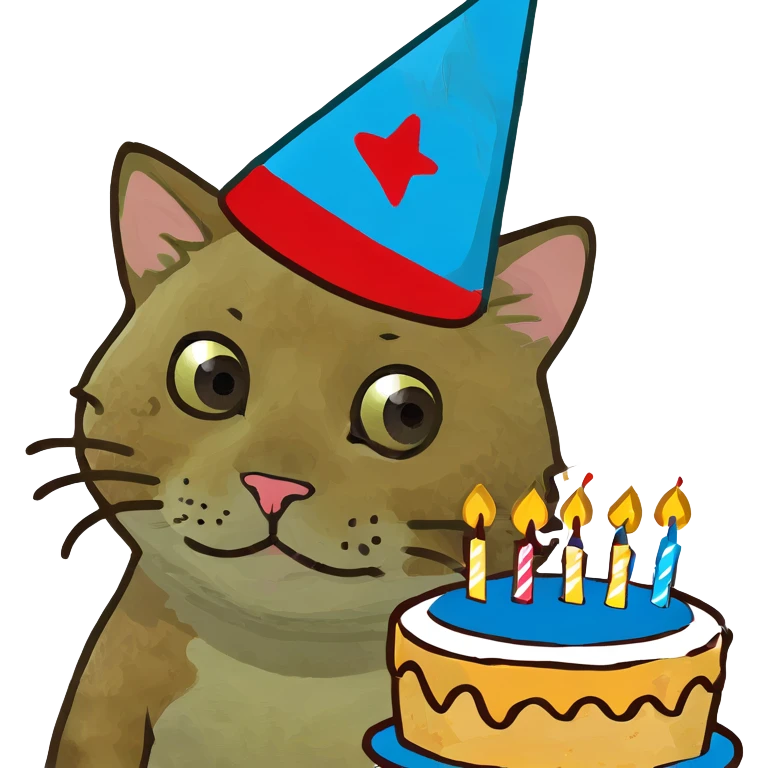 ginger tabby kitten with birthday hat and cake, surrounded by balloons and presents, joyful mood emoji
