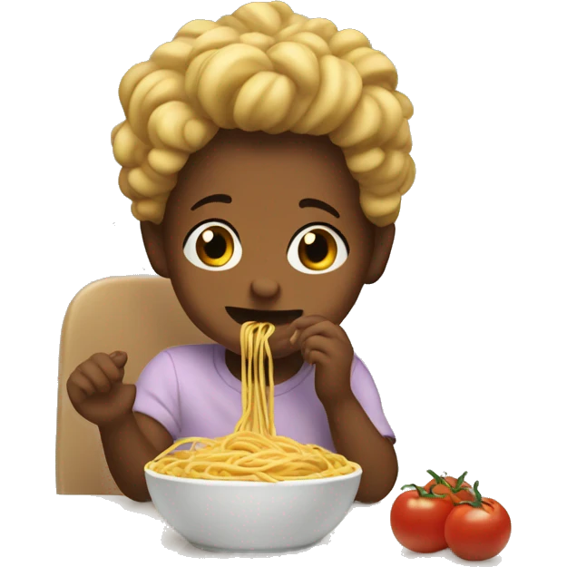 Toddler sitting on counter eating spaghetti  emoji