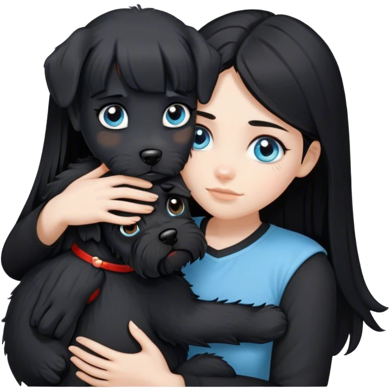 pale girl with light blue eyes and long black hair wearing black shirt hugging black schnauzer  emoji