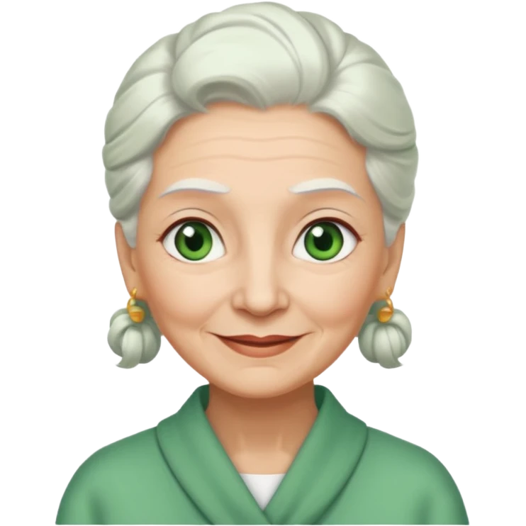 abuela con ojos verdes, pelo blanco, pelo blanco y amarrado, aspecto feliz emoji