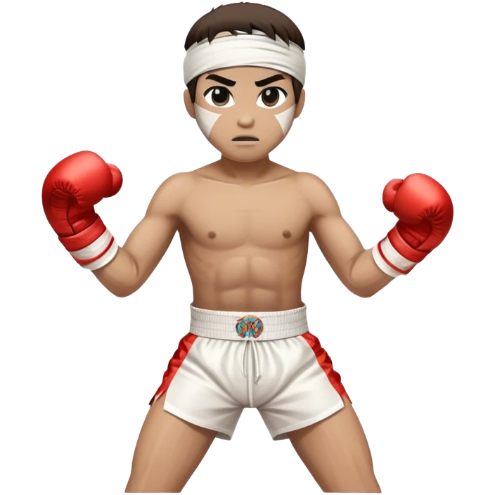 ​Cinematic Realistic Traditional Muay Thai Fighter, depicted in authentic attire featuring white bandaged gloves wrapped around his fists, a traditional headband tied neatly, and classic Muay Thai shorts, captured in a dynamic fighting stance under dramatic, high-energy lighting that highlights the raw power and elegance of the art, emoji