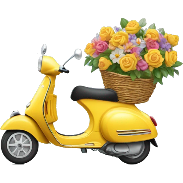 A bright Vespa scooter with a basket of flowers attached. emoji