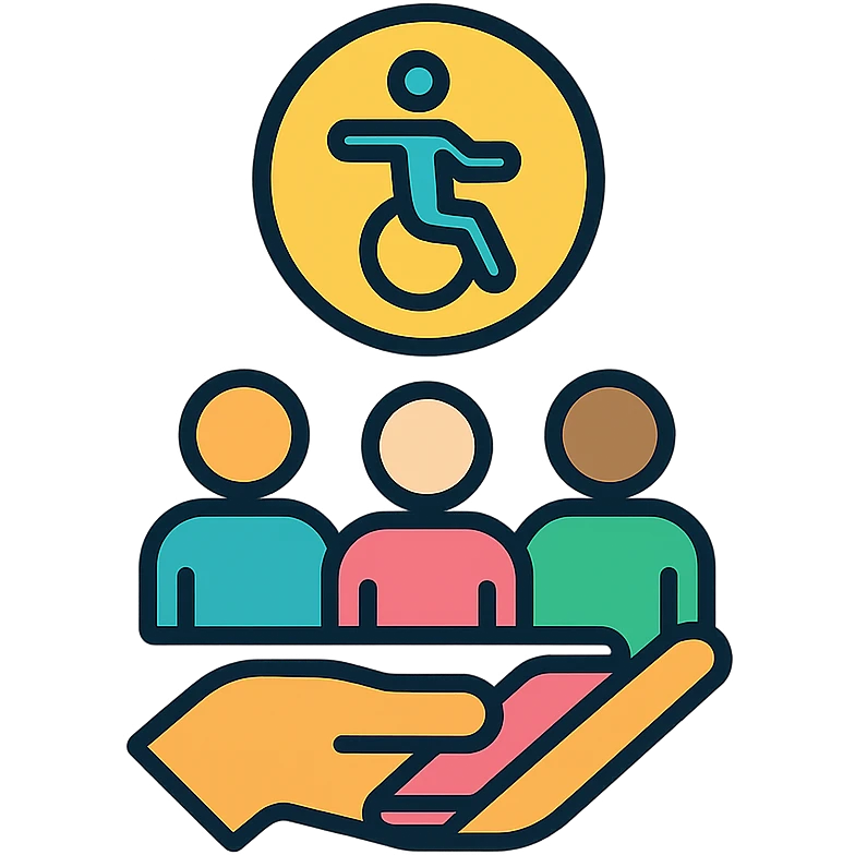 Flat design icon for 'Accessibility / Inclusion' showing a universal access symbol, diverse group of people, or hand holding phone/computer, keeping the style professional yet approachable. emoji