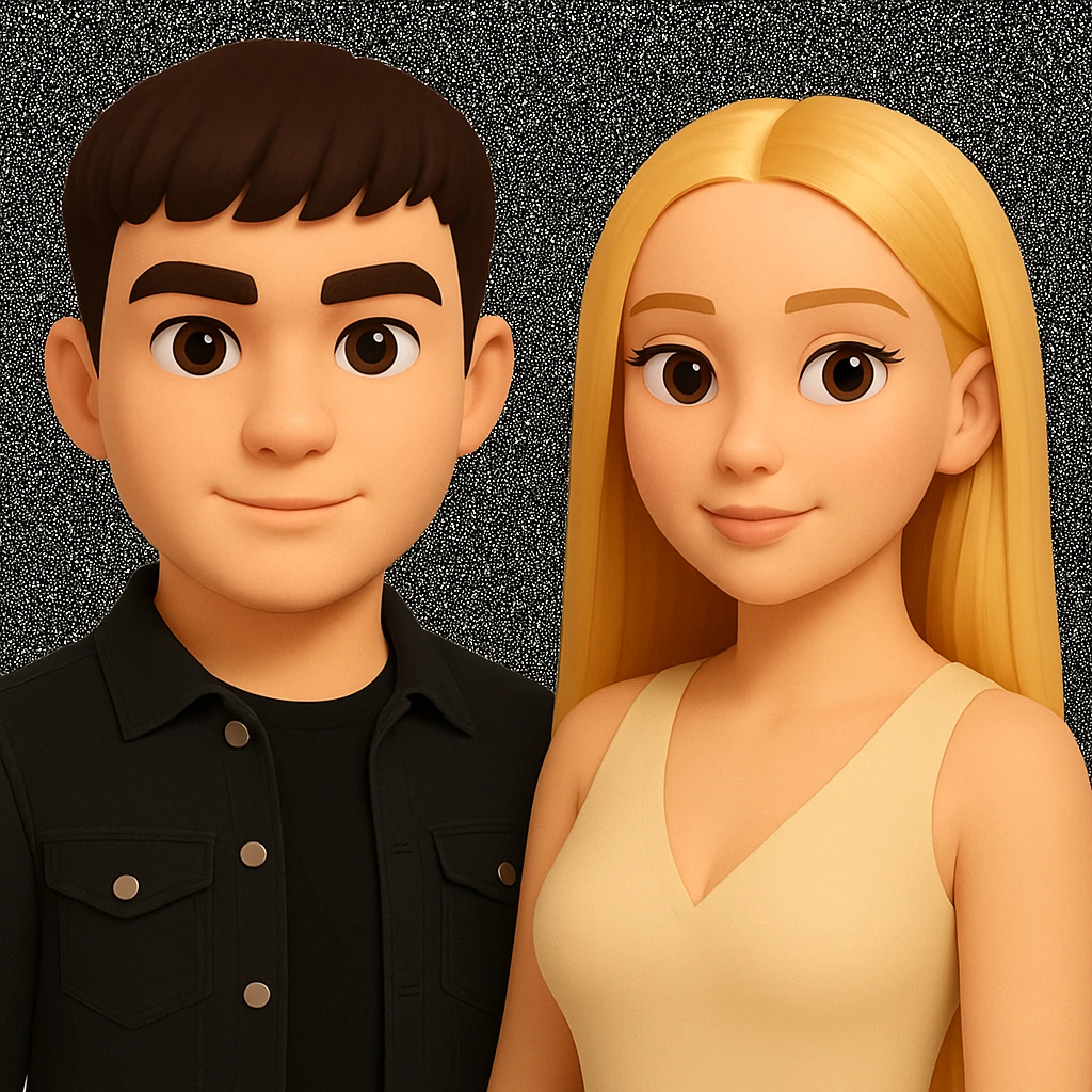 Slightly increase the volume of the upper body of the girl, significantly spread them apart from each other, make the skin color the same for both characters, while preserving the cartoonish 3D style as seen in the reference image. emoji