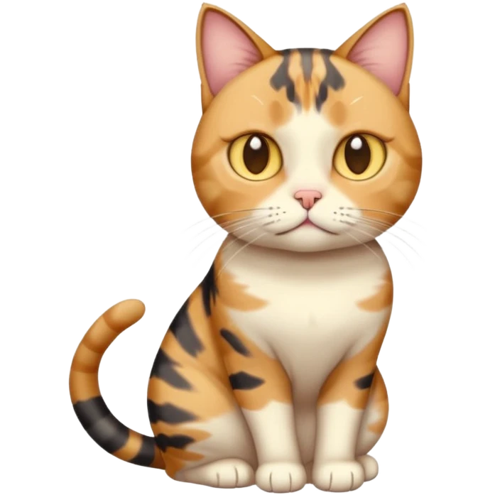 full body calico tabby cat with skinny head and fat body with an anxious face emoji