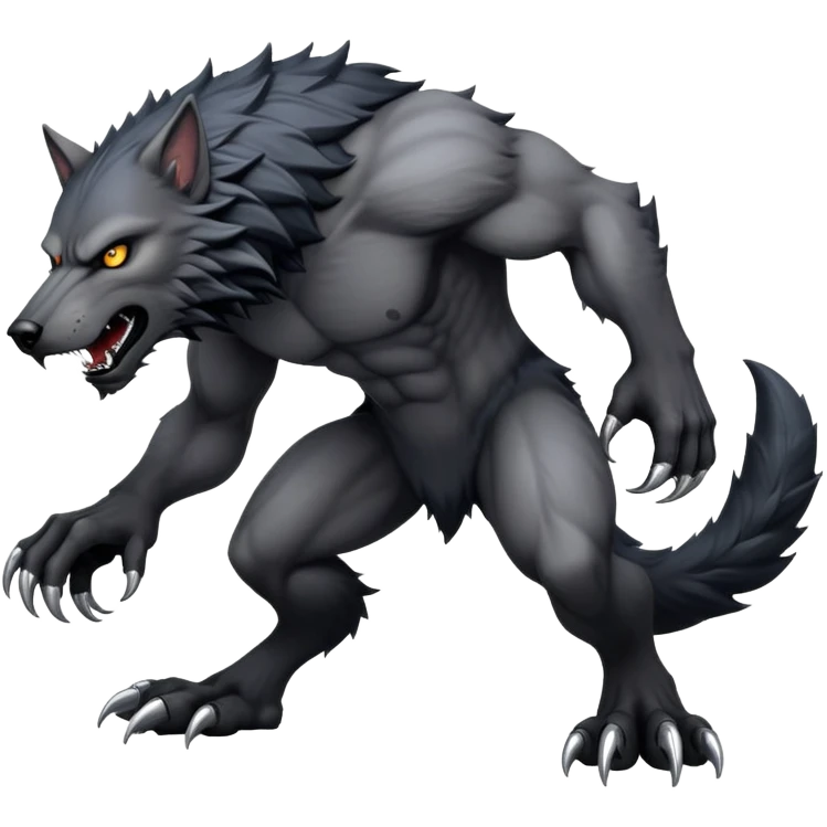 cinematic-noble-fierce-werewolf-full body on all fours-emoji, poised-and-imposing, with a tall, lean, and muscular wolfish frame inspired by the brutal, imposing shape of the beast from Berserk, fur rippling in shades of midnight black and silver, massive paws with razor-sharp claws, elongated limbs and fangs, eyes glowing with an intense, primal ferocity, reflecting the untamed power of the wild moonlit night; rendered with realism like a wolf hunched over battle ready pose ready to attack emoji