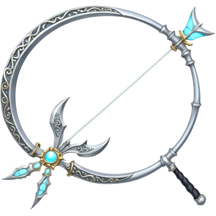bow weapon, Elegant silver bow weapon with glowing string, crescent-moon motifs. emoji