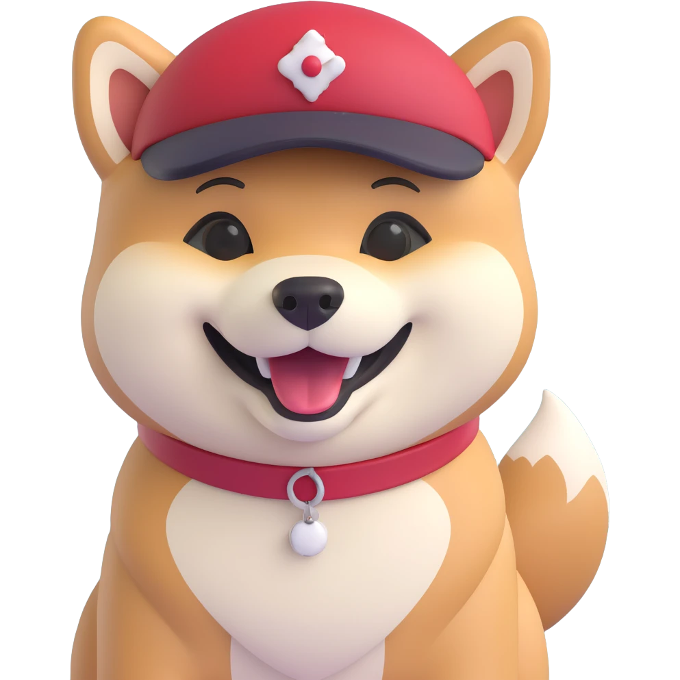 cartoon style Shiba Inu with a wide smile and red hat emoji