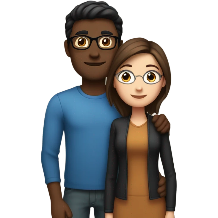 Couple embracing with arms around each other; white woman with blue eyes and brown hair, Indian man with black hair and glasses emoji