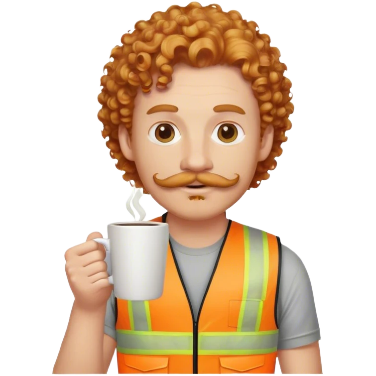 man with strawberry blonde curly hair and a thick mustache holding a coffee cup and wearing a his vis vest emoji