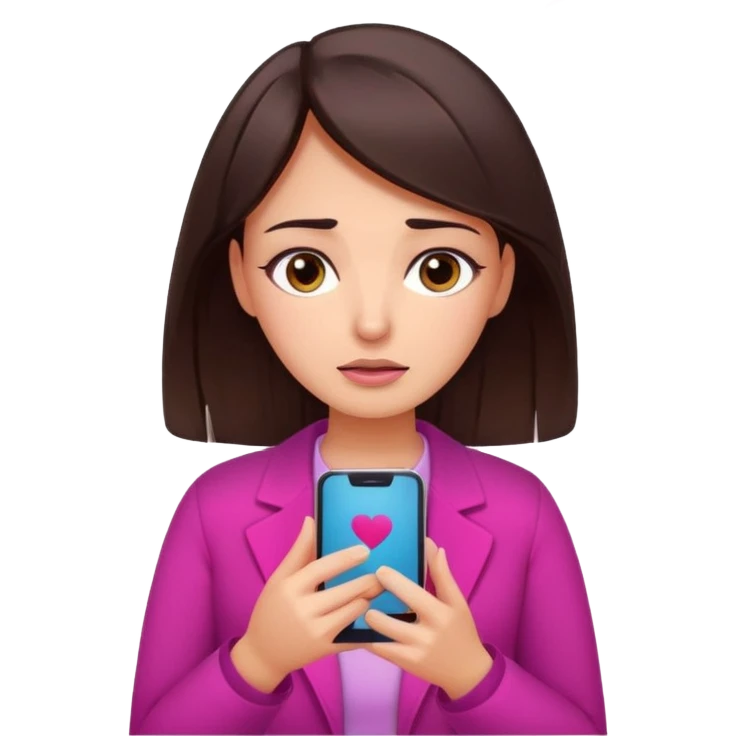 Social media manager. She has dark brown hair, brown eyes, overwhelmed expression, tired eyes, slightly stressed face,a holding a smartphone with notifications piling up. Use vibrant colors with a focus on pink and fuchsia tone emoji