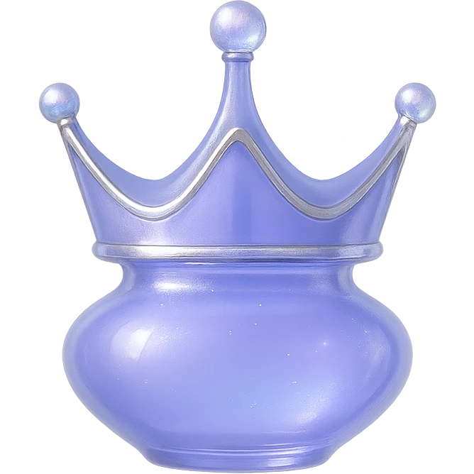 minimalist small crown-shaped luxurious elixir bottle, color #7986cb, elegant subtle silver or iridescent accents, soft magical glowing effect, very small neck, seamless bottom, transparent background, floating, no base or shadow, modern, matching magical luxury collection emoji