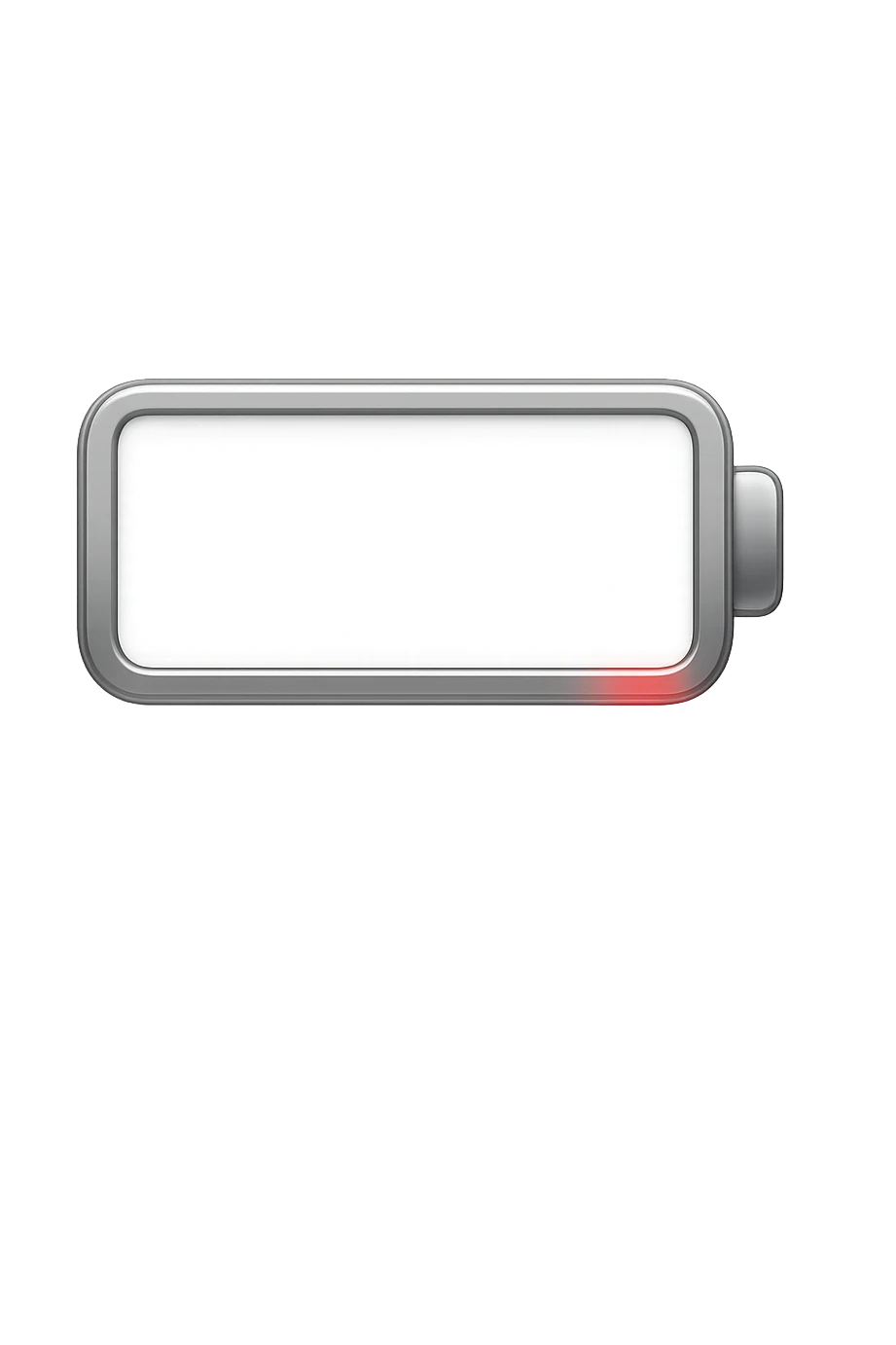 iPhone-style emoji of a battery that is almost empty, with a small red bar at the end indicating low energy. Clean, minimal, glossy look, transparent background. emoji