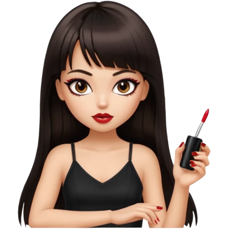 generate a pretty bratz girl in black cami top, dark brown straight long hair with bangs, eyeliner on, getting her nails done emoji