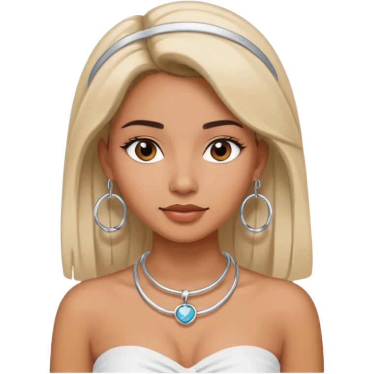 latina makeup olsun, saçları düz, halka küpeler büyük gümüş renginde olsun, kolye taksın ve beyaz bir Bandeau top kıyafet giyisin emoji