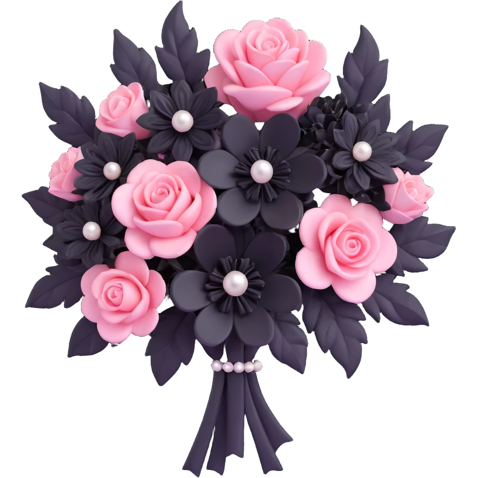 realistic 3D gothic bouquet with pearls, pink and black flowers, minimal and elegant emoji