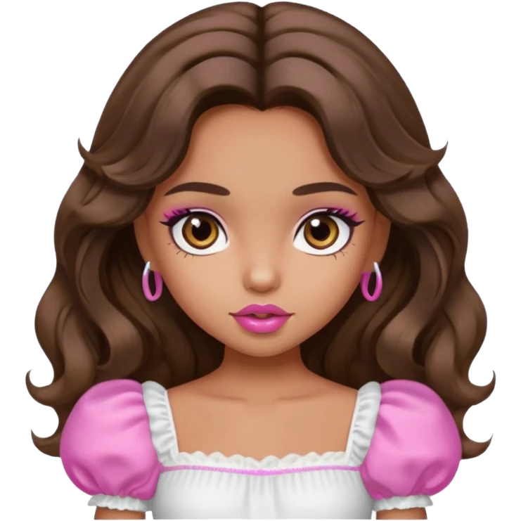 generate a pretty bratz girl with dark brown eyes in a white puff sleeve top. Pink lipgloss. Brown wavy hair long.  emoji