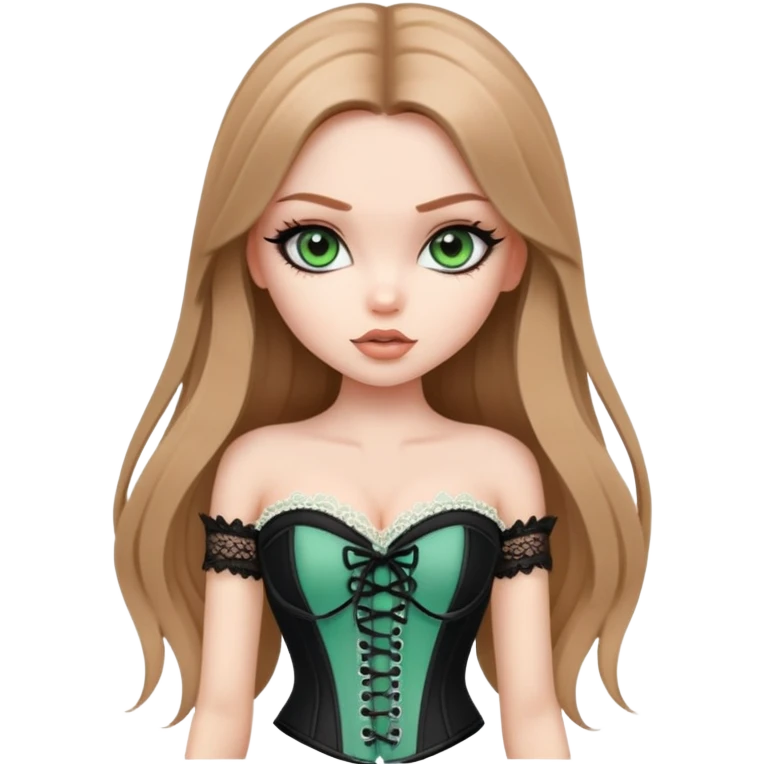 pretty bratz girl, long straight LIGHT BROWN HAIR, jade green eyes, black eyeliner, pale skin, black corset clothes with laces emoji