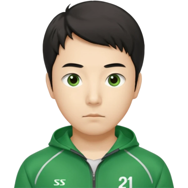 Illustrate Cho Sang-woo (Player 218) in green tracksuit with sharp, calculating gaze. emoji