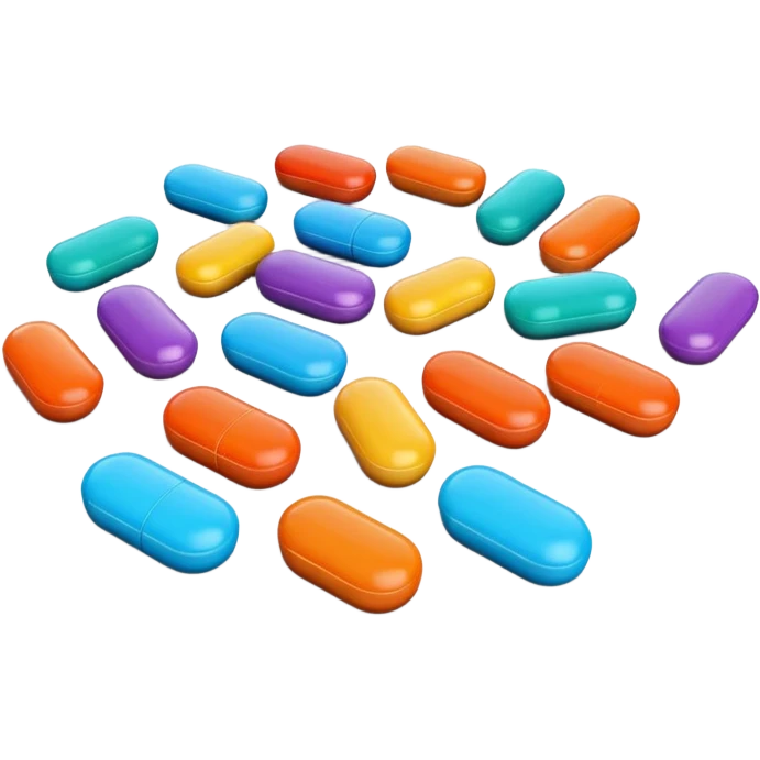 A group of colorful 3D cartoon pills scattered on a flat surface, round and oval shapes, soft lighting, smooth glossy finish, Memoji-style realism. emoji