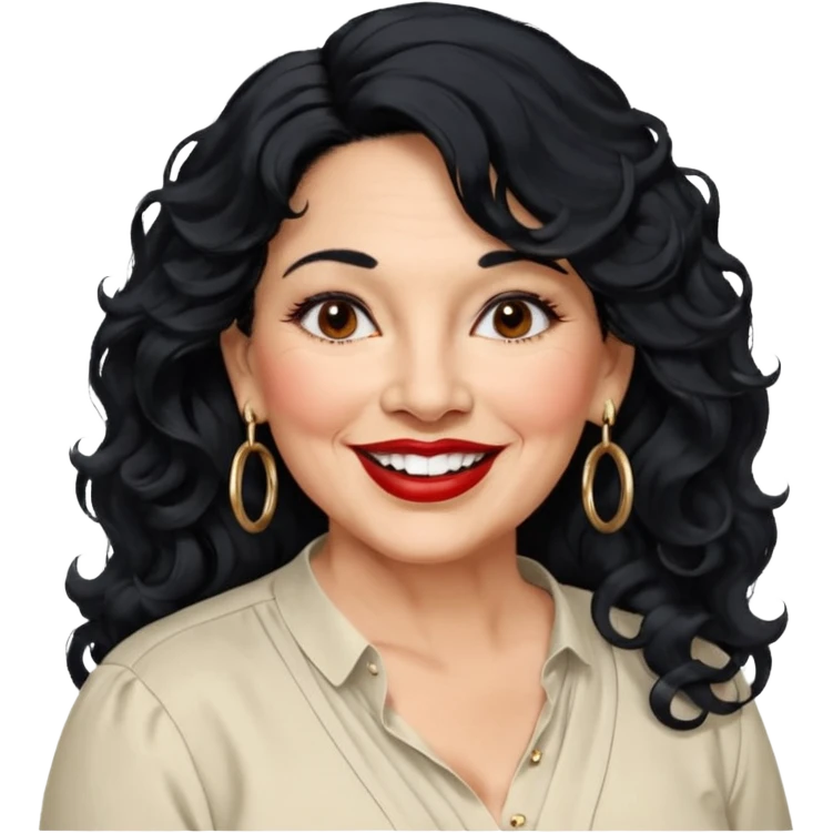 60 yr old Mexican woman, slightly chubby, wavy/curly long black hair, red lipstick, big smile, white teeth, brown eyes, hoop earings, side part to hair, round face, nice blouse, no wrinkle hair side swept, big hoop earing emoji