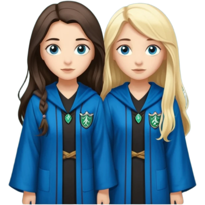 a pretty ravenclaw girl with long dark brown hair and blue eyes standing with a pretty Slytherin girl with long blonde hair, blue eyes emoji