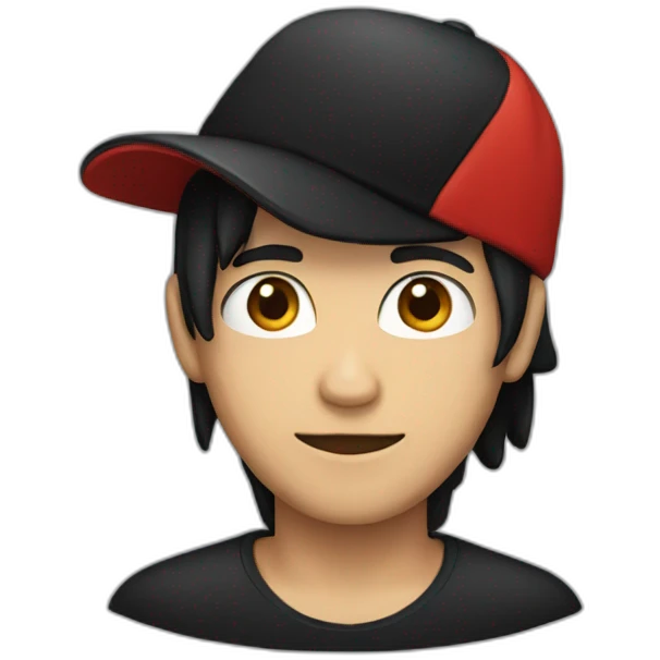 A person with black hair, a red hat, a black shirt, and a skull  emoji