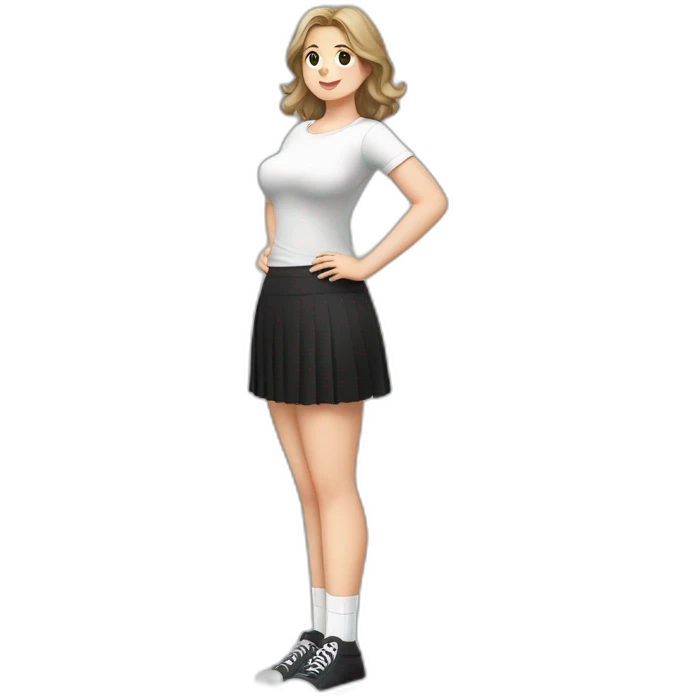 Front view full body curvy caucasian beauty sitting straight hands up black skirt white knickers white socks emoji
